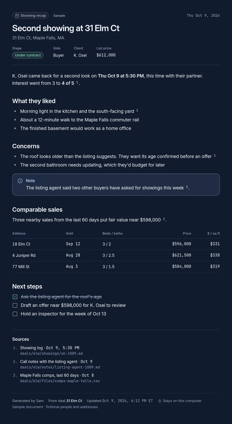 An earlier design capture of a full deal document open inside the workspace. Sample data.