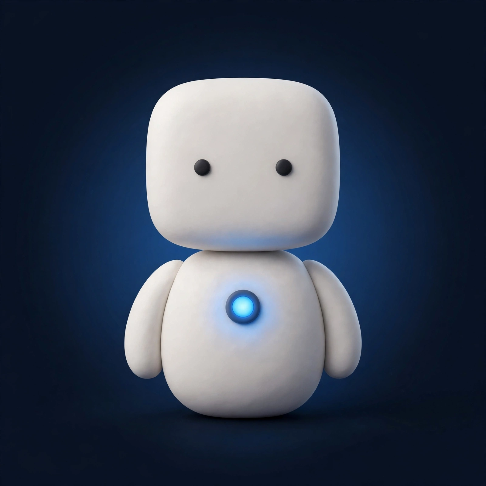 Sam, the assistant in Structure: a soft white rounded robot head with two dark eyes and a small blue light, on a dark background.